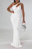 White Sexy Solid Hollowed Out Patchwork Hot Drill Asymmetrical Collar Evening Dress Dresses