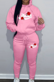 Pink Casual Print Patchwork Hooded Collar Long Sleeve Two Pieces