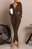 Coffee Casual Solid Patchwork Hooded Collar Long Sleeve Two Pieces