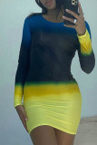 Yellow Sexy Print Patchwork O Neck Pencil Skirt Dresses