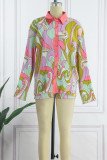 Pink Casual Print Patchwork Buckle Turndown Collar Long Sleeve Two Pieces
