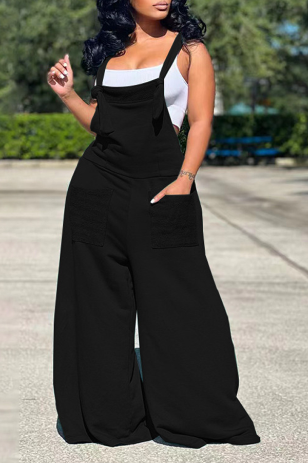 Black Casual Solid Patchwork Loose Jumpsuits