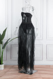 Black Sexy Solid Patchwork See-through Strapless Sleeveless Two Pieces