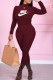 Burgundy Street Print Letter O Neck Long Sleeve Two Pieces