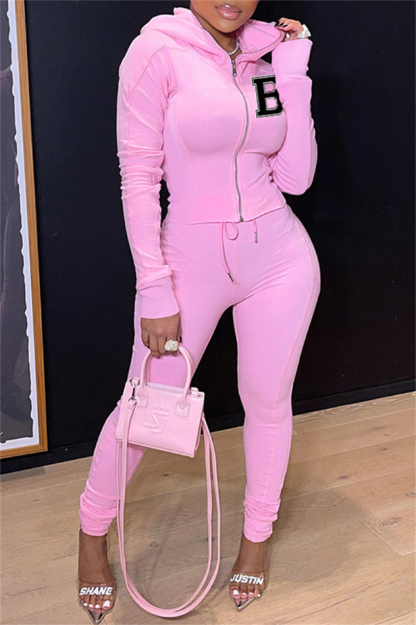 Pink Casual Letter Print Patchwork Hooded Collar Long Sleeve Two Pieces