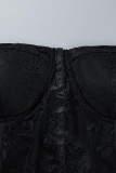 Black Sexy Solid Patchwork See-through Strapless Sleeveless Two Pieces