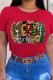 Red Casual Vintage Print Patchwork Letter O Neck T-Shirts