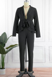 Red Casual Solid Patchwork V Neck Long Sleeve Two Pieces