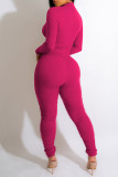 Rose Red Casual Sportswear Solid Patchwork Zipper Collar Skinny Jumpsuits