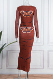 Red Casual Print Patchwork O Neck Long Sleeve Two Pieces