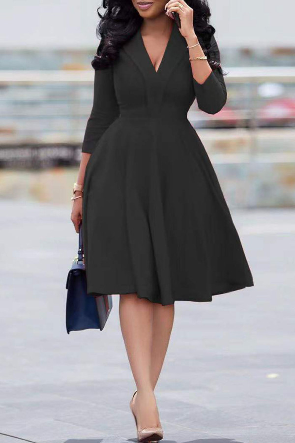 Black Casual Solid Patchwork V Neck A Line Dresses