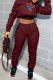 Burgundy Casual Print Patchwork Hooded Collar Long Sleeve Two Pieces