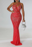 Red Sexy Solid Hollowed Out Patchwork Hot Drill Asymmetrical Collar Evening Dress Dresses