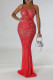 Red Sexy Solid Hollowed Out Patchwork Hot Drill Asymmetrical Collar Evening Dress Dresses