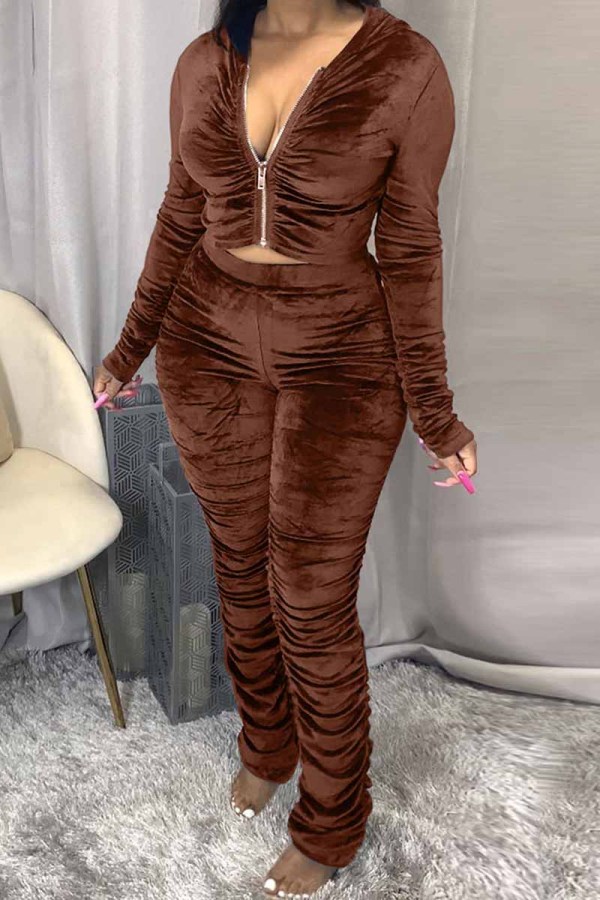Dark Coffee Fashion Sexy Adult Pleuche Solid Fold Hooded Collar Long Sleeve Regular Sleeve Regular Two Pieces