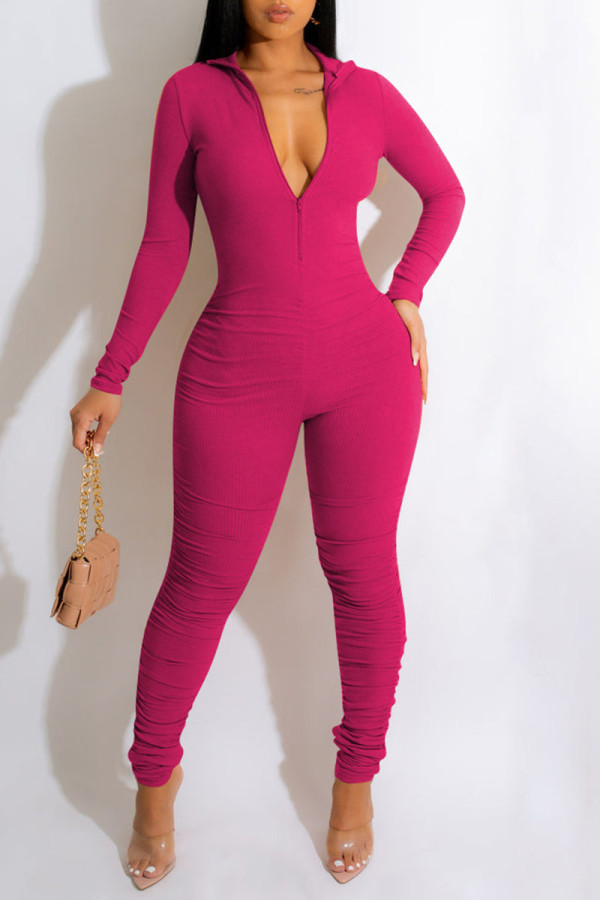 Rose Red Casual Sportswear Solid Patchwork Zipper Collar Skinny Jumpsuits