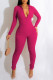 Rose Red Casual Sportswear Solid Patchwork Zipper Collar Skinny Jumpsuits