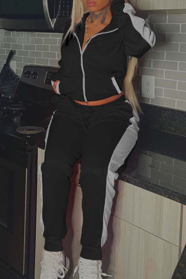 Black Casual Sportswear Solid Patchwork Zipper Collar Long Sleeve Two Pieces