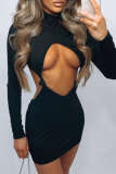 Brown Sexy Solid Hollowed Out Half A Turtleneck Pencil Skirt Dresses