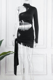 Black Sexy Solid Bandage Hollowed Out Patchwork Turtleneck Long Sleeve Dresses