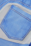 Light Blue Casual Print Patchwork Skinny High Waist Pencil Trousers