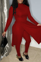 Red Casual Solid Slit Half A Turtleneck Long Sleeve Two Pieces