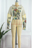 Apricot Casual Street Print Patchwork Hooded Collar Tops