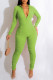 Fluorescent Green Casual Sportswear Solid Patchwork Zipper Collar Skinny Jumpsuits