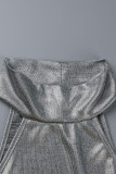 Silver Sexy Solid Hollowed Out Patchwork Half A Turtleneck Sleeveless Two Pieces