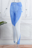Light Blue Casual Print Patchwork Skinny High Waist Pencil Trousers