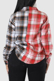 Red-brown Casual Plaid Print Patchwork Buckle Turndown Collar Tops