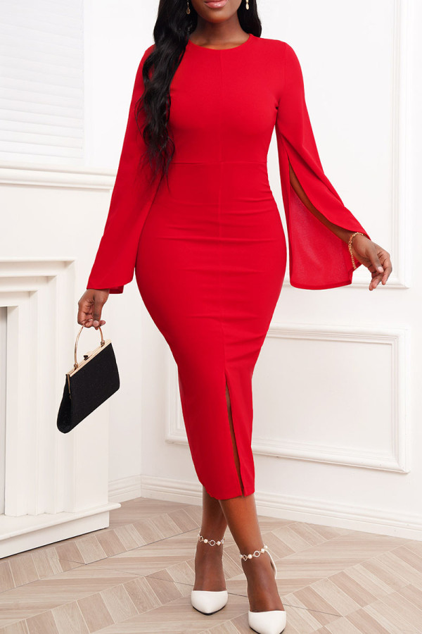 Red Casual Solid Patchwork Slit O Neck One Step Skirt Dresses