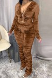 Brown Fashion Sexy Adult Pleuche Solid Fold Hooded Collar Long Sleeve Regular Sleeve Regular Two Pieces