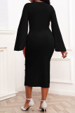 Red Casual Solid Patchwork Slit O Neck One Step Skirt Dresses