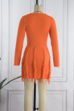 Orange Casual Solid Tassel Patchwork O Neck One Step Skirt Dresses