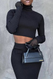 Black Casual Solid Patchwork Turtleneck Long Sleeve Two Pieces