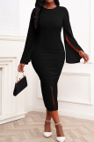 Red Casual Solid Patchwork Slit O Neck One Step Skirt Dresses