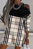 Khaki Casual Print Hollowed Out Patchwork O Neck Long Sleeve Dresses