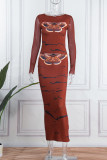 Red Casual Print Patchwork O Neck Long Sleeve Two Pieces