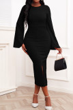 Red Casual Solid Patchwork Slit O Neck One Step Skirt Dresses