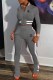 Grey Casual Print Patchwork Letter Mandarin Collar Long Sleeve Two Pieces