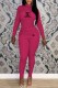 Rose Red Street Print Letter O Neck Long Sleeve Two Pieces