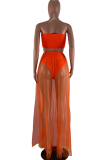 Rose Red Sexy Solid See-through Mesh Swimwears Cover Up