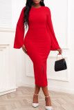 Red Casual Solid Patchwork Slit O Neck One Step Skirt Dresses