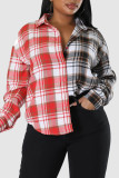 Red-brown Casual Plaid Print Patchwork Buckle Turndown Collar Tops