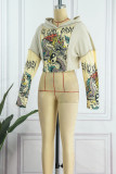 Apricot Casual Street Print Patchwork Hooded Collar Tops