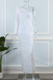 White Sexy Formal Patchwork Sequins Backless Slit Oblique Collar Evening Dress