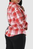 Red-brown Casual Plaid Print Patchwork Buckle Turndown Collar Tops