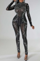 Black Sexy Solid Patchwork Hot Drill Half A Turtleneck Skinny Jumpsuits