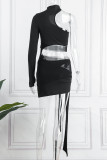 Black Sexy Solid Bandage Hollowed Out Patchwork Turtleneck Long Sleeve Dresses